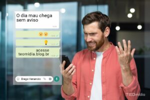 homem de camisa rosa vendo notificação do whatsapp para o dia mau chega sem aviso