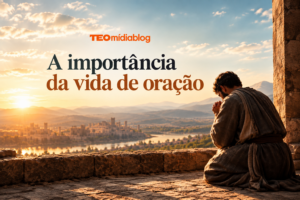 homem devoto religioso de joelhos e a importância da vida de oração com bela paisagem antiga a sua frente.